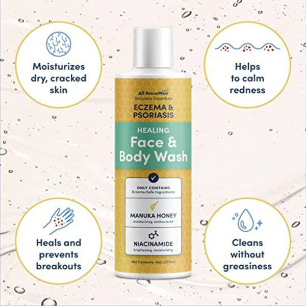 AD RescueWear - Bodycare Essentials Healing Face & Body Wash - For Eczema and Psoriasis - With Manuka Honey, Oatmeal, Shea Butter, and Niacinamide